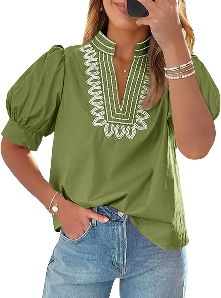 Cicy Bell Womens Puff Short Sleeve Blouses Summer Casual Dressy Embroidered V Neck Tops Loose Fit... | Amazon (US)