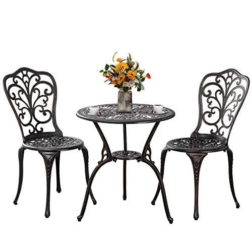 Withniture 3 Piece Patio Set Outdoor Bistro Set,Cast Aluminum Bistro Table and Chairs Set of 2 with Umbrella Hole,All Weather Patio Bistro Sets for Front Porch Set Garden,Backyard(Brown) | Amazon (US)