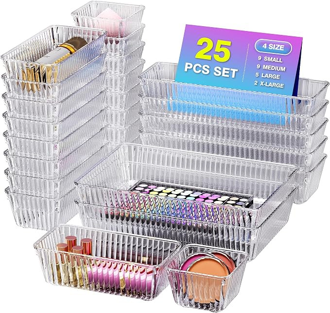 25 PCS Clear Plastic Drawer Organizer Set, Makeup Organizer Trays | 4-Size Desk Drawer Divider, B... | Amazon (US)