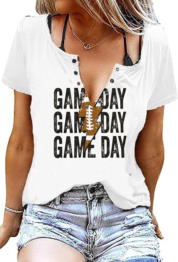 Game Day Outfits Shirts Women V Neck Football Graphic Tee Tops Funny Football Game Day Shirts for... | Amazon (US)