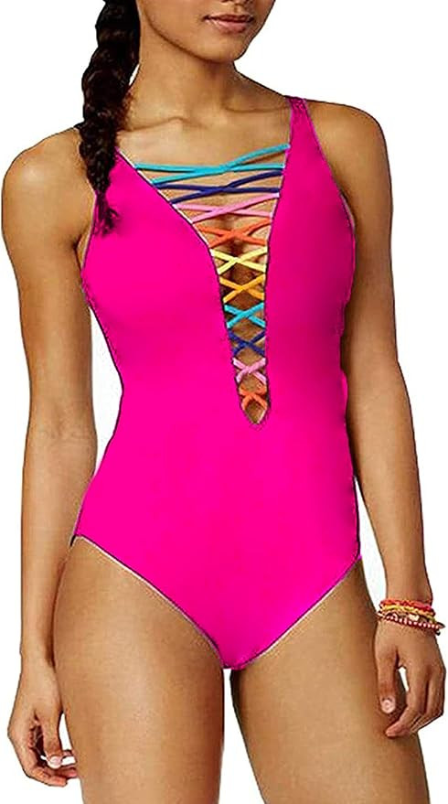 SOFIA'S CHOICE Women One-Piece Swimsuit Deep V Neck Lace Up Lattice Front Rainbow Tie Bikini | Amazon (US)