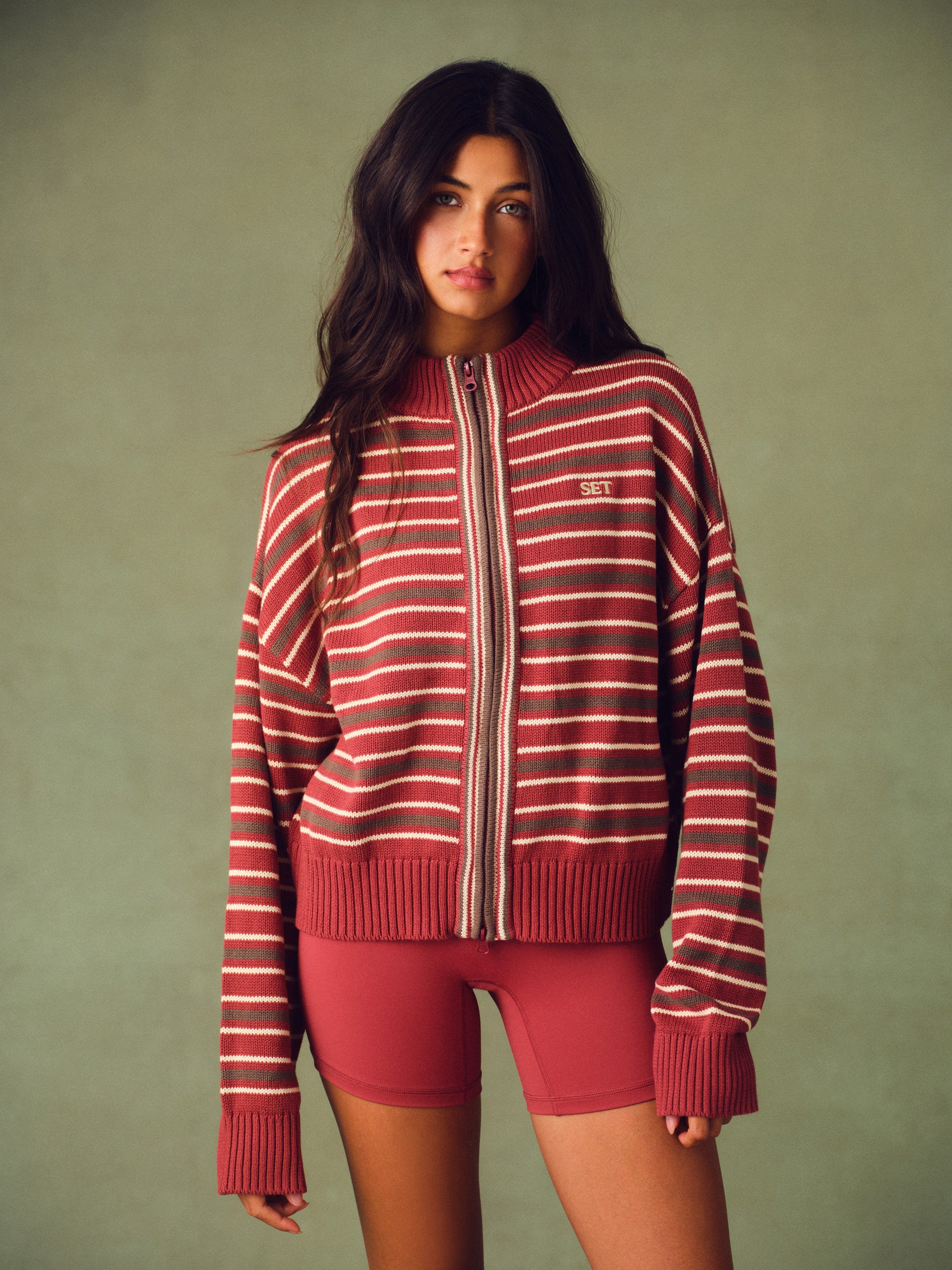 WEEKEND KNIT WEEKEND STRIPE FUNNEL ZIP - SWEET TEA | SET Active
