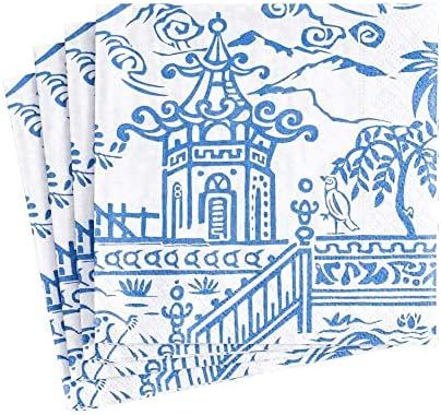 Caspari Pagoda Toile Paper Cocktail Napkins in Blue, Pack of 20 | Amazon (US)