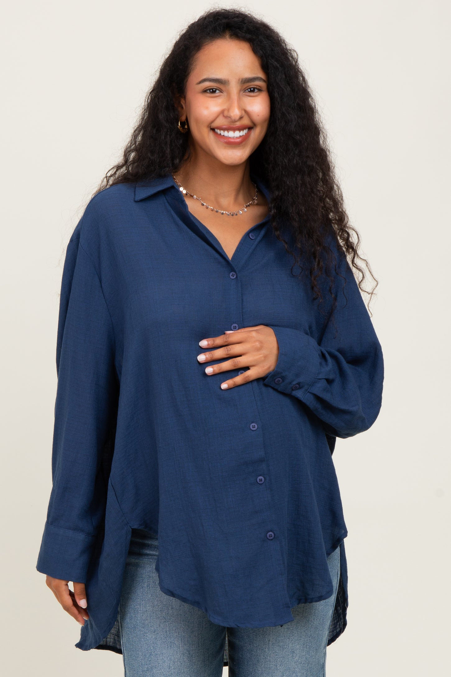 Navy Lightweight Sheer Button Down Maternity Blouse | PinkBlush Maternity