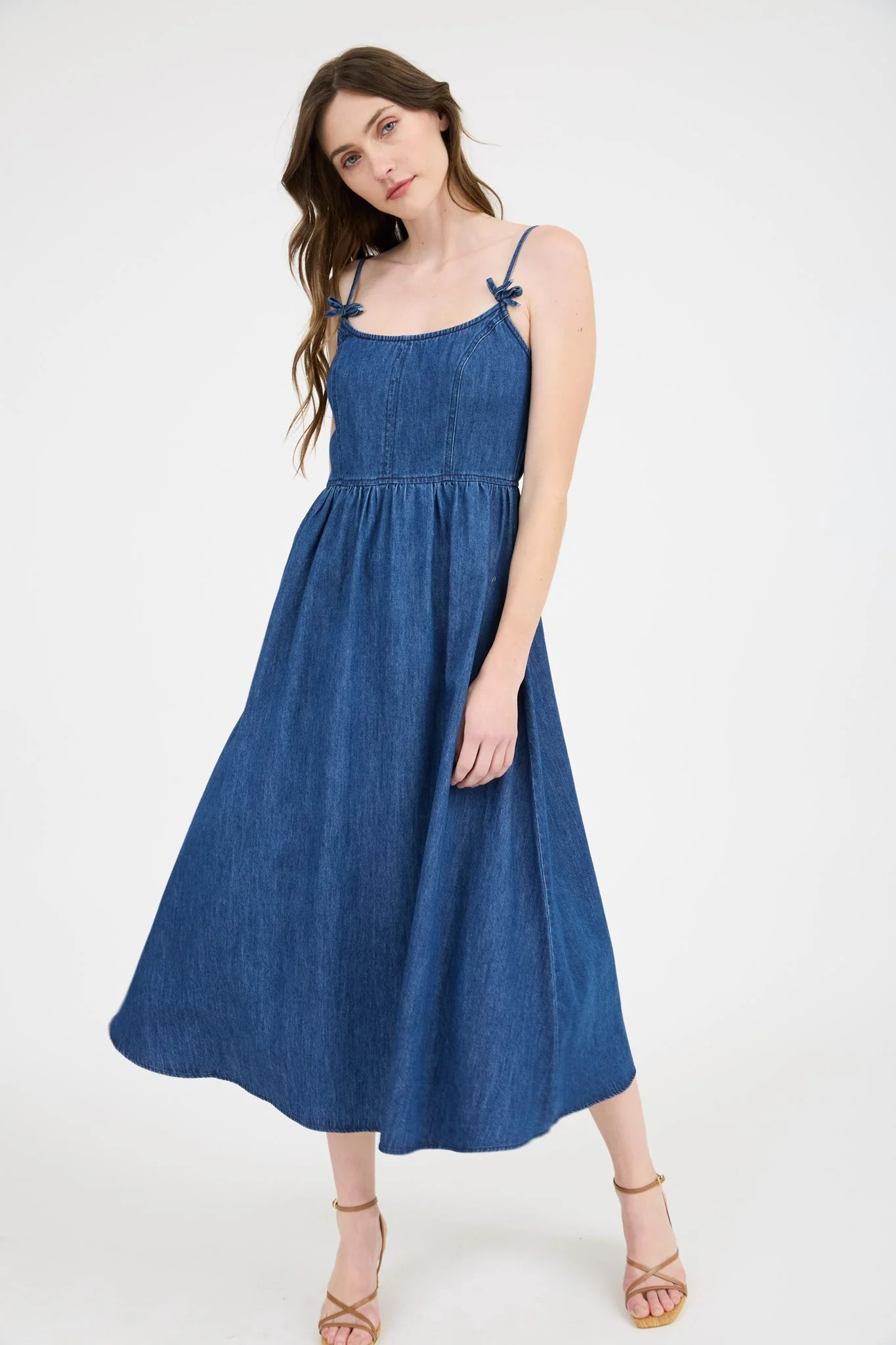 Navy Denim Sleeveless Bow Detail Midi Dress | PinkBlush Maternity