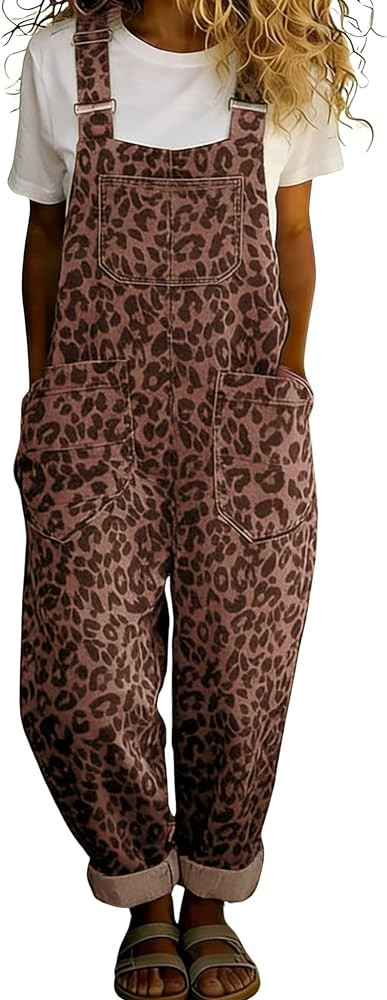 chouyatou Women's Y2K Leopard Print Denim Bib Overall Pants Wide Leg Cheetah Jeans Jumpsuits Loos... | Amazon (US)