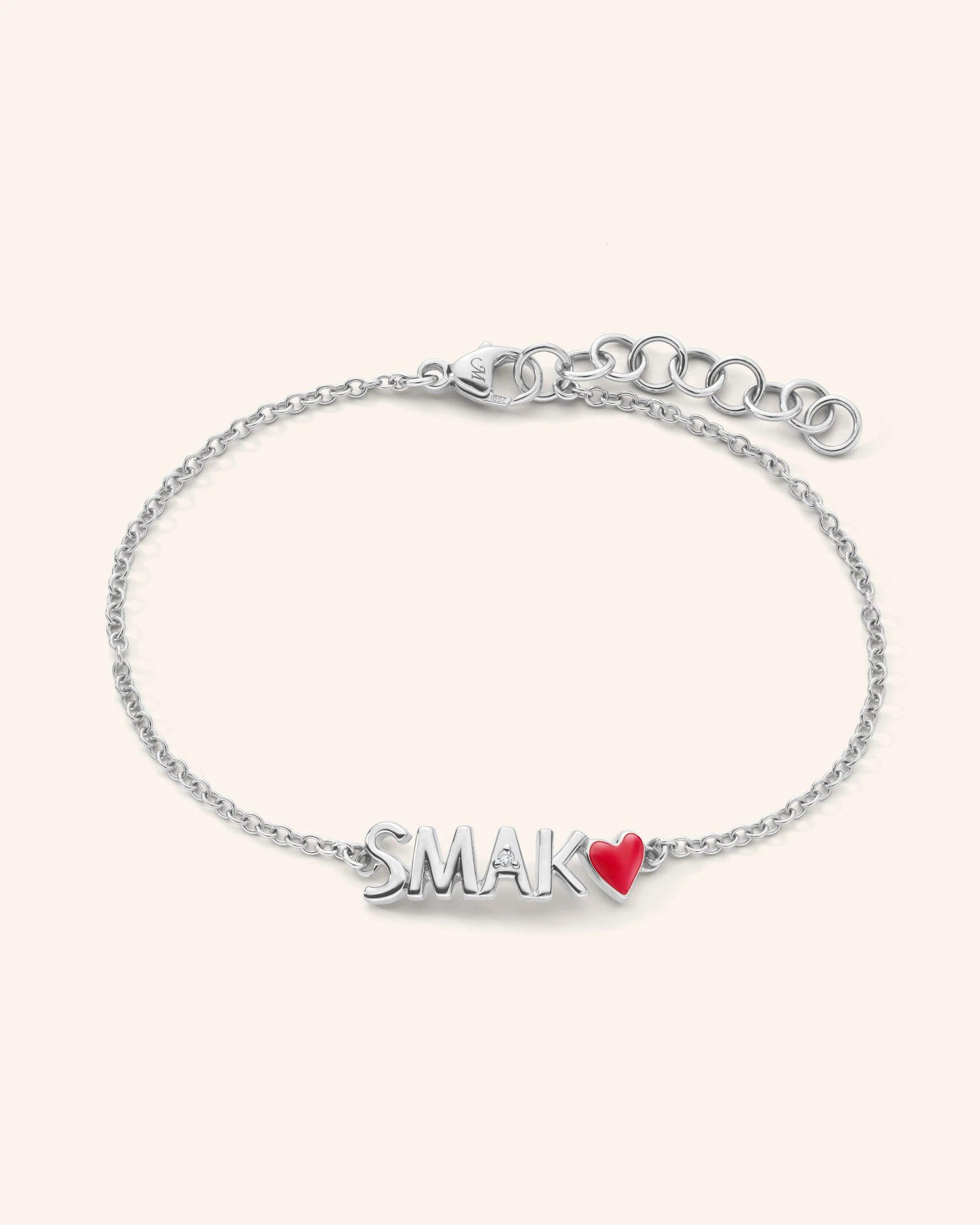 Sterling Silver "SMAK" Bracelet with White Sapphire and Red Enamel Heart | Monica Rich Kosann