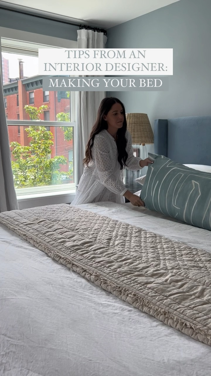 Bedroom, primary bedroom, king sized bed, upholstered bed, headboard, blue bed, quilt, make your bed, lumbar pillow, curtains, drapes, bedside lamp, bedside table styling, organic coastal decor, interior designer, home decor, Shannon Russo Interiors

#LTKFind #LTKunder100 #LTKhome