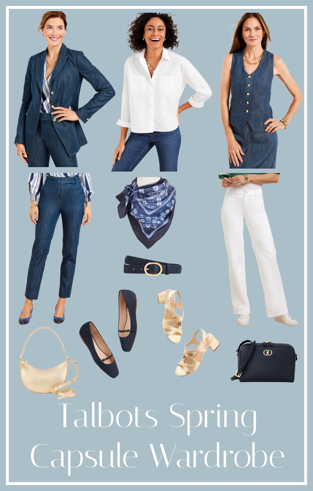 A @talbotsofficial capsule wardrobe for now into early summer featuring #Talbots Refined Denim. Tips for extending versatility:

- Wear the vest as a tank solo or under the blazer. It also looks great over the white shirt!
- Use the scarf as a belt, and try some of my hacks to turn it into a blouse and tank!
- A gold bag and sandals take white and refined denim from desk to drinks or weekend to social occasion 
- White on white and denim on denim are both big trends this season; consider a belt or scarf to break up the color or embrace the chic monochrome effect!

BTW this capsule wardrobe is Petite, Plus Size, and Plus Petite friendly as well as available in Misses #ad 

#LTKPlusSize #LTKPetite #LTKStyleTip