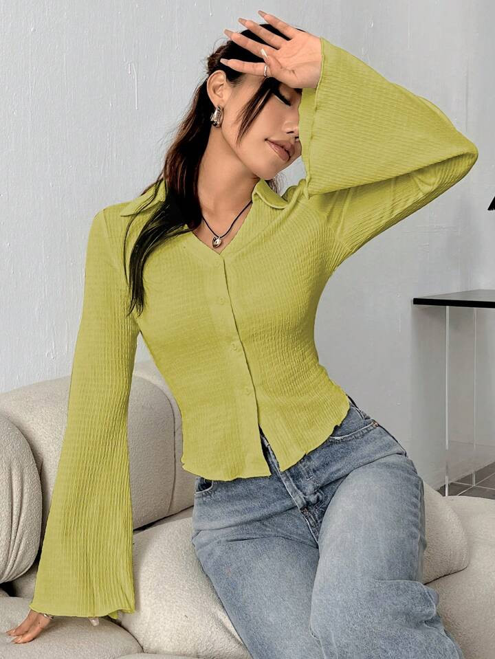 SHEIN EZwear Women's Solid Color Turn-Down Collar Flare Sleeve Shirt | SHEIN