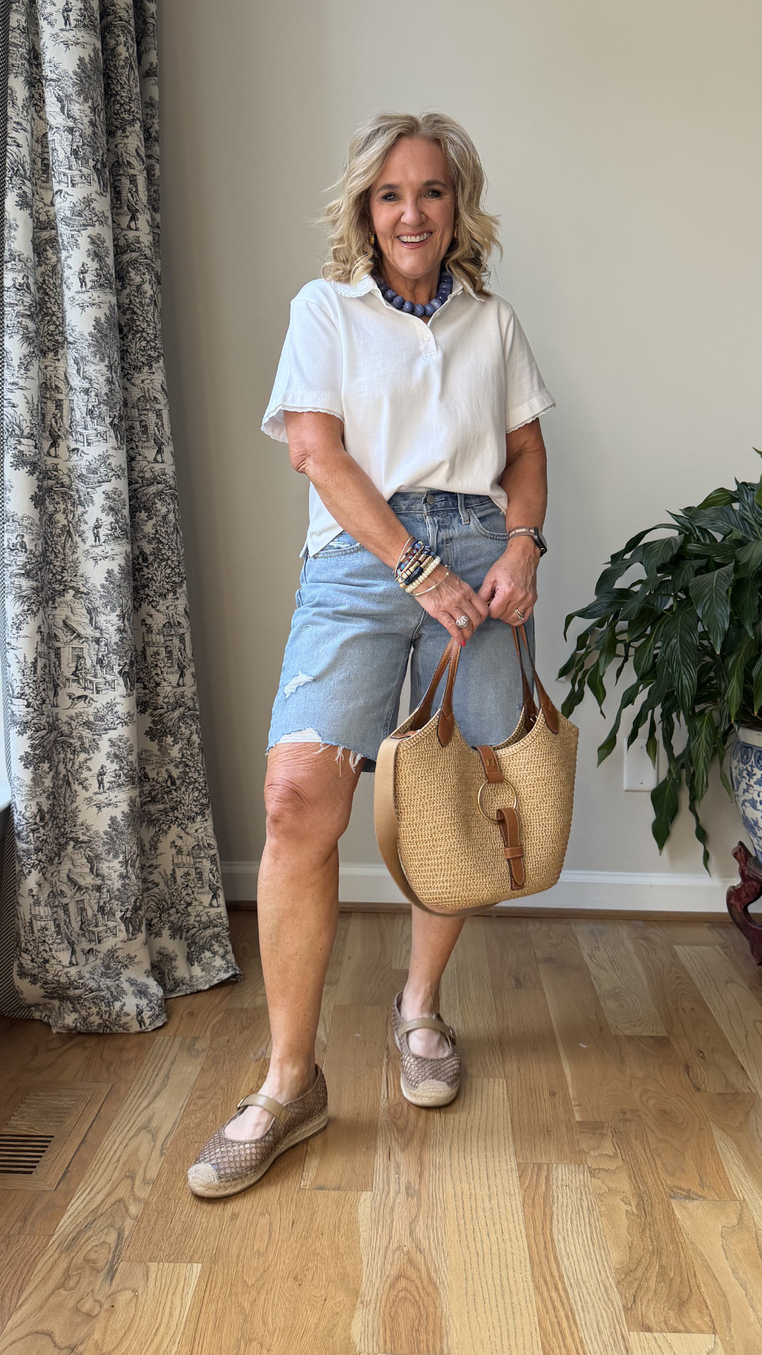 An easy everyday summer outfit. White tee, relaxed denim shorts, woven accessories, and comfy espadrilles for effortless style 🫶🏻 

 #LTKootd #LTKSeasonal #LTKSaleAlert