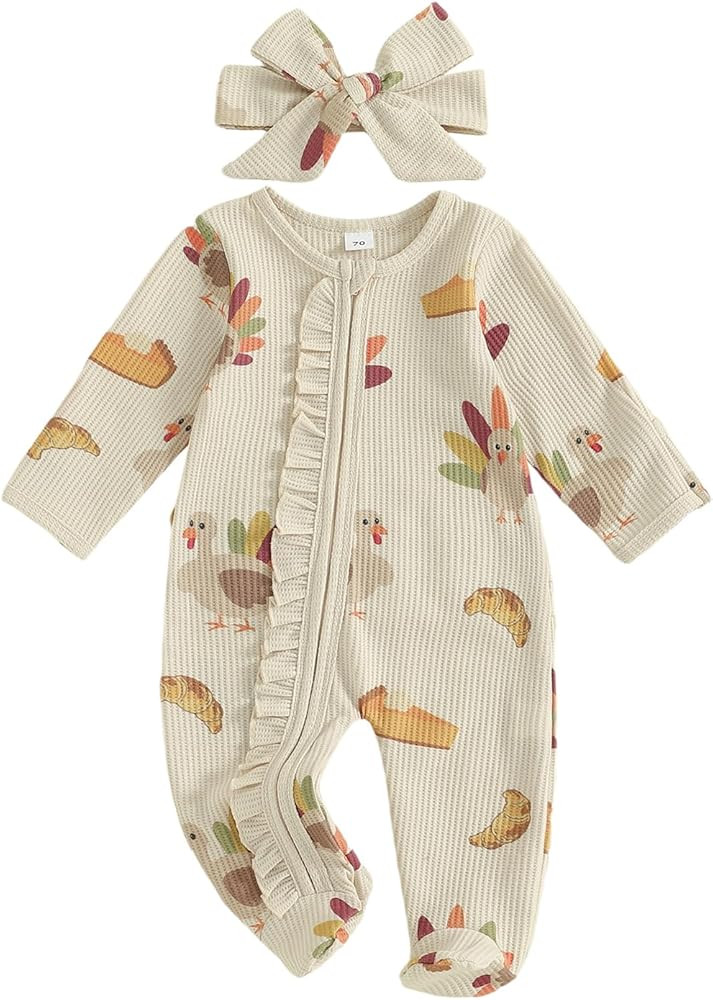 Newborn Baby Girl Boy Thanksgiving Outfit Turkey Print Long Sleeve Footed Romper Zip Jumpsuit Cut... | Amazon (US)