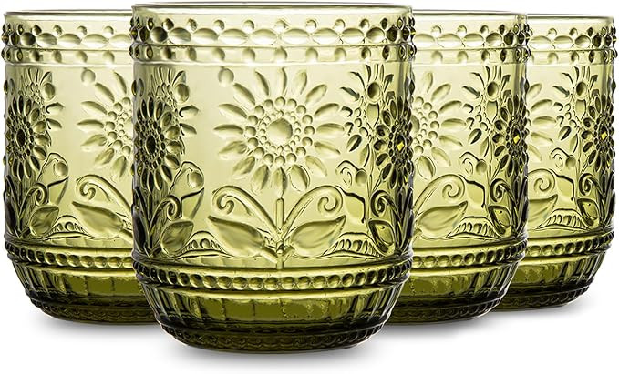 Glass Cups Vintage Glassware Drinking Glass Set of 4, Embossed Floral Decorative Glasses Set, for... | Amazon (US)