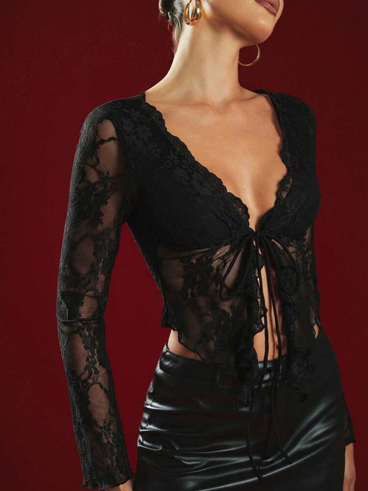Hauture Women's Sexy Burgundy Night Out Sheer Lace Tie Front Long Sleeve Top \u2013 Halloween, Pa... | SHEIN