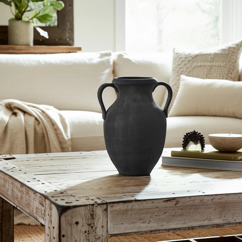 Stoneware Dolomite Vase with Ribbed Texture and Dual Side Handles for Casual Home Decor Transitio... | Wayfair North America