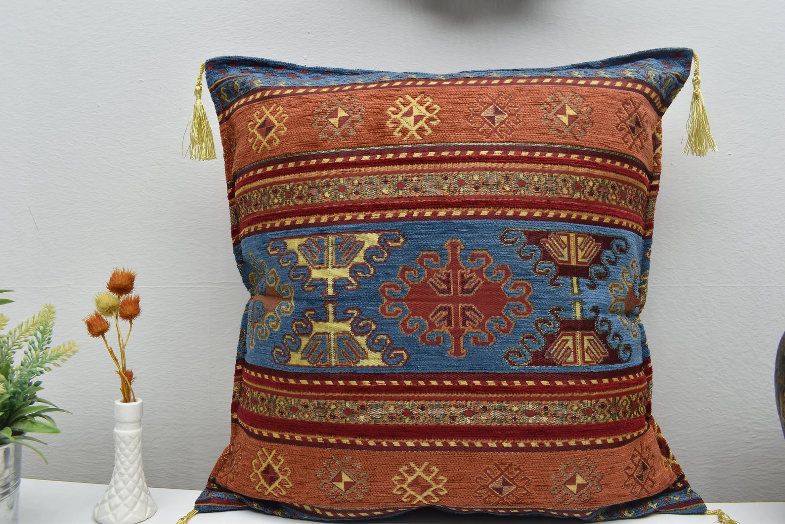 kilim pattern blue color turkish chenille fabric pillow cover 17 x 17 inch decorative pillow cove... | Etsy (US)