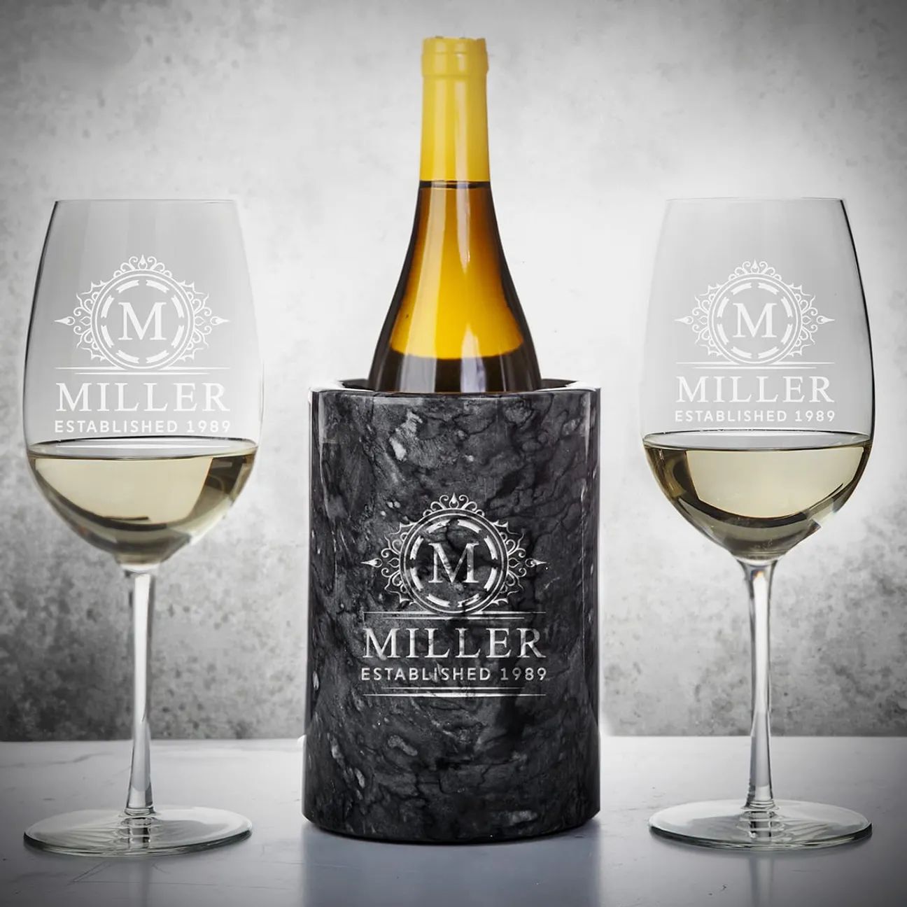 Personalized Marble Wine Chiller, Black with Custom Wine Glasses | HomeWetBar.com