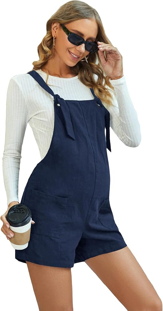 OYOANGLE Women's Maternity Overall Shorts Tie Knot Strap Short Romper Jumpsuit with Two Pockets | Amazon (US)