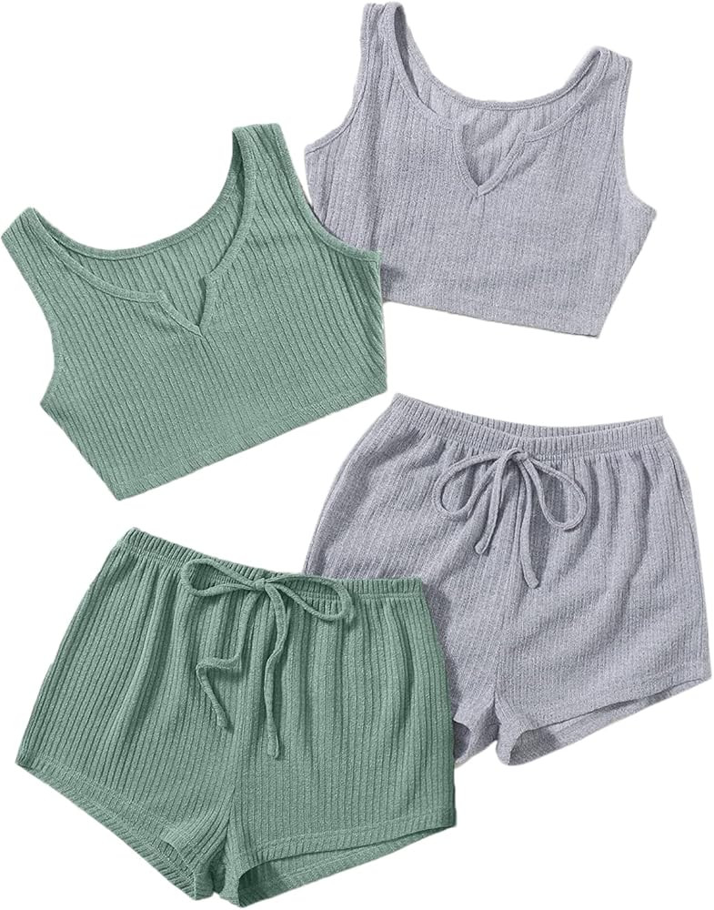 Milumia Women's 4 Pieces Ribbed Knit Crop Tank Top and Drawstring Waist Shorts Pajama Set Loungew... | Amazon (US)