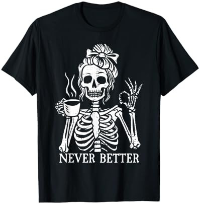 Messy Bun Drinking Coffee Skeleton T-Shirt for Women Funny Graphic Tees | Amazon (US)