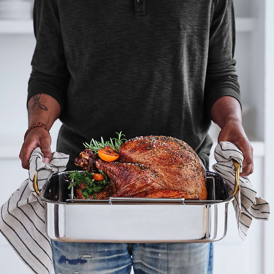 Stainless Steel Roasting Pan with Gold Handles + Reviews | Crate & Barrel | Crate & Barrel