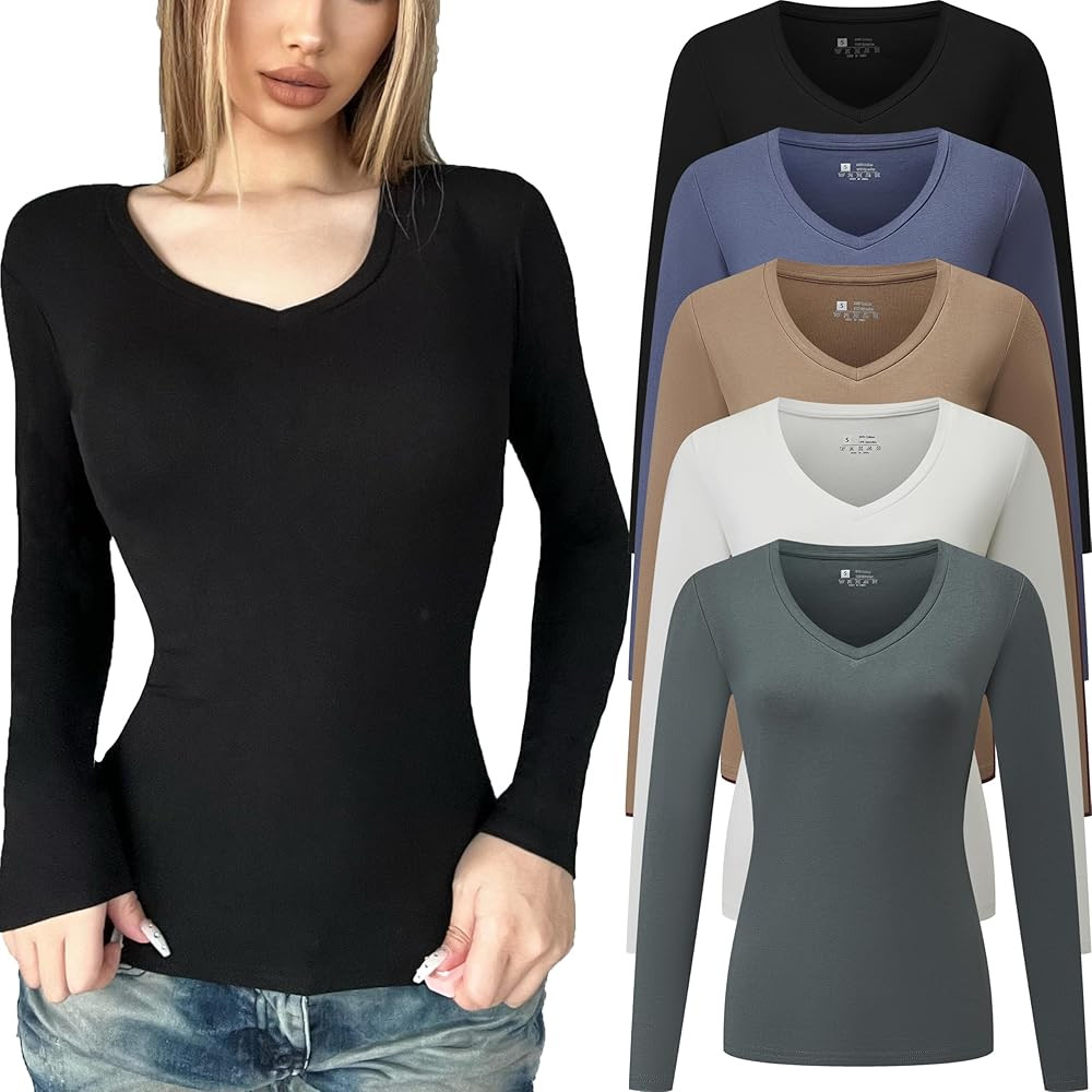 5 Pack Women's T-Shirt Long Sleeve V Neck Tops Cotton Bodycon Fall Winter Slim Fit Tunics Going O... | Amazon (US)