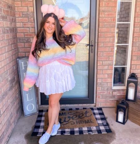 Rainbow tie dye ombre sweater white ruffle skirt Disney Sherpa ears Minnie Mouse ears Disney style superga sneakers loveshackfancy dupe spring outfit 

#LTKSeasonal #LTKtravel #LTKfindsunder50