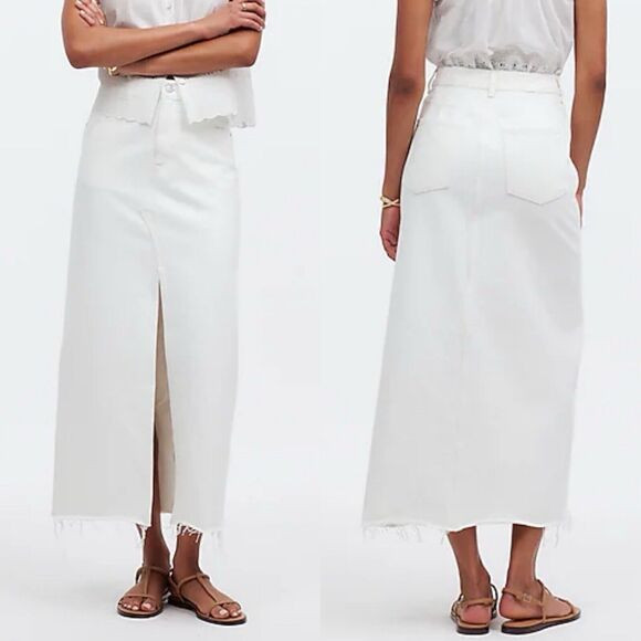 MADEWELL Skirt Women 27 Rilee Denim Midi NEW Tile White Raw Hem Front Slit NQ802 | Poshmark