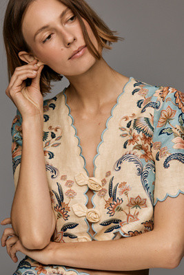 Farm Rio Scalloped Short-Sleeve Linen Rosette Top | Anthropologie (US)