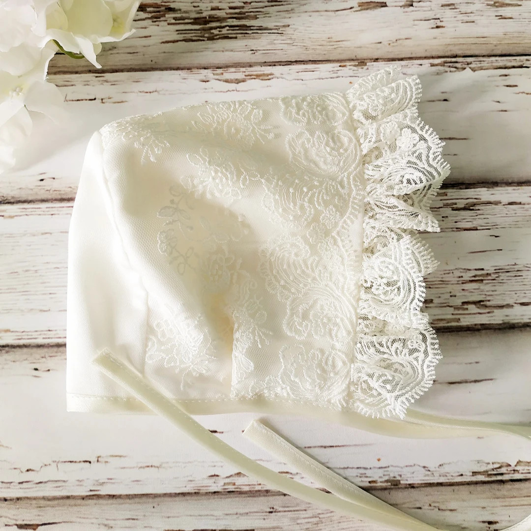 Ivory Lace Baptism Bonnet: Handmade Christening Girl Hat - Etsy | Etsy (US)