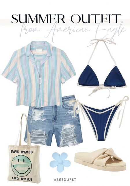 Ready for the beach? Love these items from American Eagle for the perfect summer outfit! American eagle denim shorts are so great and I love a light top like this-so versatile! 

Denim shorts, slide-on sandals, slides, claw clip, tote bag, summer tote bag, two-piece swim, tie bikini, Summer outfit, vacation outfit, beach outfit, pool outfit, casual outfit, midsize fashion

#LTKstyletip #LTKshoecrush #LTKswim