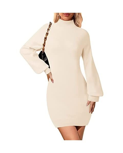 LEANI Womens Puff Long Sleeve Sweater Dress Mock Neck Bodycon Knit Mini Dress | Amazon (US)