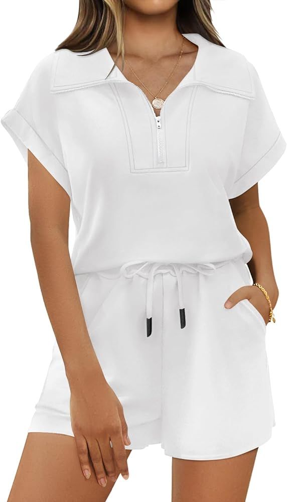 MIHOLL Womens 2 Piece Outfits 2024 Sweatsuit Summer Casual Half Zip Lapel Collar Short Sleeve Top... | Amazon (US)