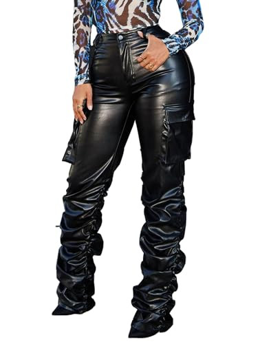 hibshaby Black Leather Cargo Pants, Stacked High Waist Pleated Leather Pants for Women Loose Pocket Straight Wide Leg Pu Leather Trousers Black M | Amazon (US)