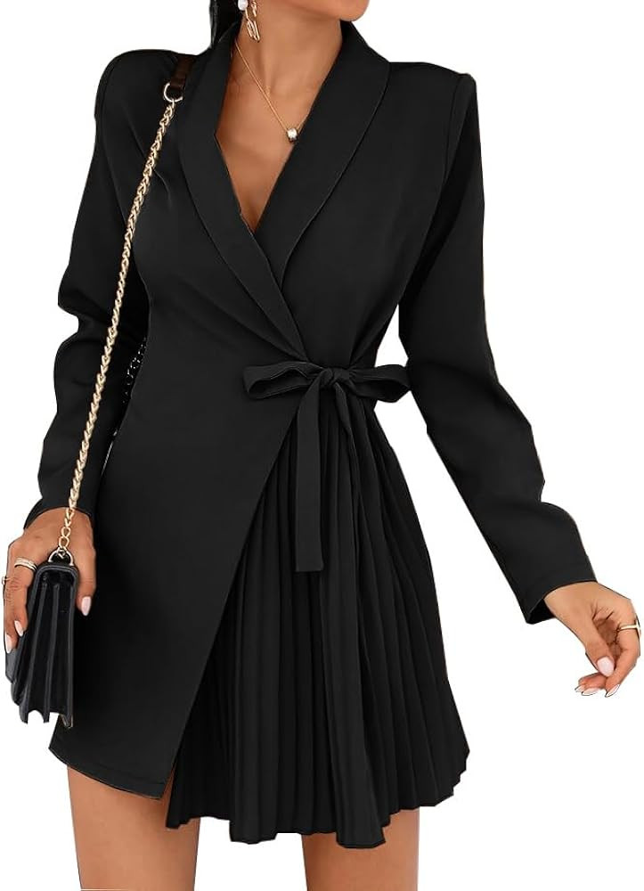 dowerme Women's Casual Long Sleeve Lapel V Neck Mini Wrap Dresses 2023 Belted Ruched Business Wor... | Amazon (US)