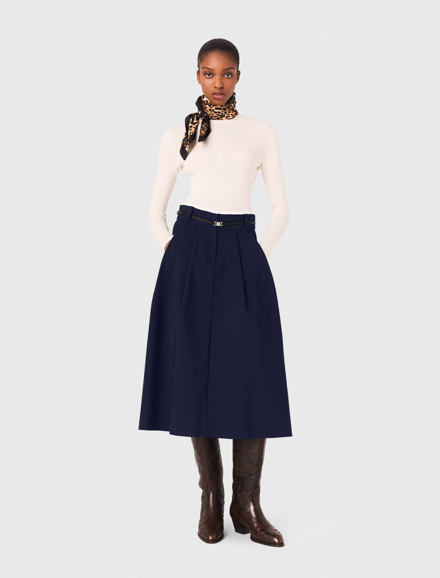 Long cotton skirt with belt Blue for Women | Maje | Maje EU
