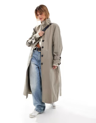 ASOS DESIGN funnel neck oversized longline trench coat in mushroom | ASOS (Global)