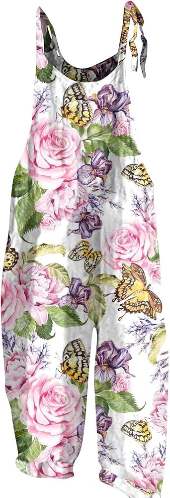 Summer Plus Size Floral Boho Bib Cotton Linen Overalls for Women 2026 Hippie Jumpsuit Print Spagh... | Amazon (US)