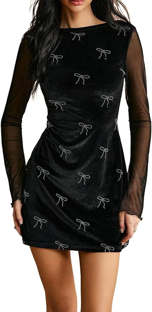 Women's Velvet Crewneck Mesh Long Sleeve Bodycon Mini Party Dress | Amazon (US)
