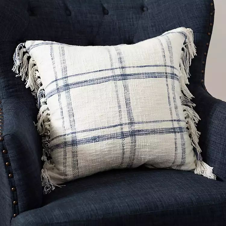 New!Blue and White Open Plaid Tassel Pillow | Kirkland's Home