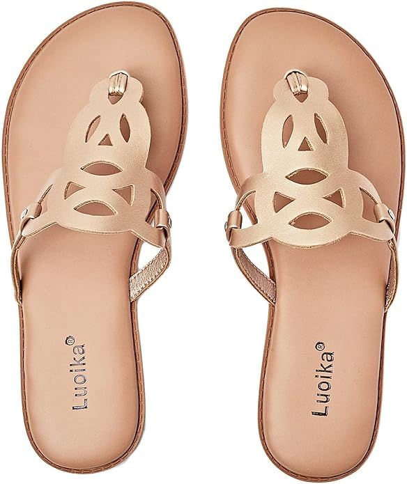 Luoika Women's Wide Width Flat Slides Sandals, Flip Flop Strappy Rhinestone Thong Sandals Comfort... | Amazon (US)