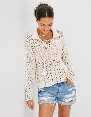 AE Crochet Polo Sweater | American Eagle Outfitters (US & CA)