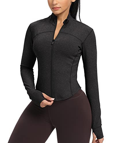 GYM RAINBOW Womens Zip Up Workout Jakcets Lightweight Slim Fit Running Athletic Jackets with Thumb Holes(#1 Heathered Black,X-Large) | Amazon (US)