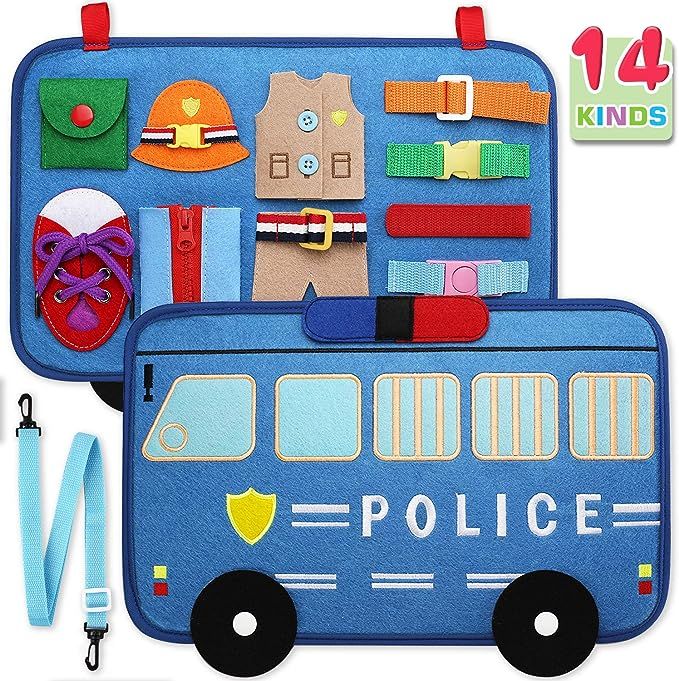 Toddler Busy Board, 14 in 1 Activity Board(Police Car Style), Montessori Toy for Fine Motor Basic... | Amazon (US)