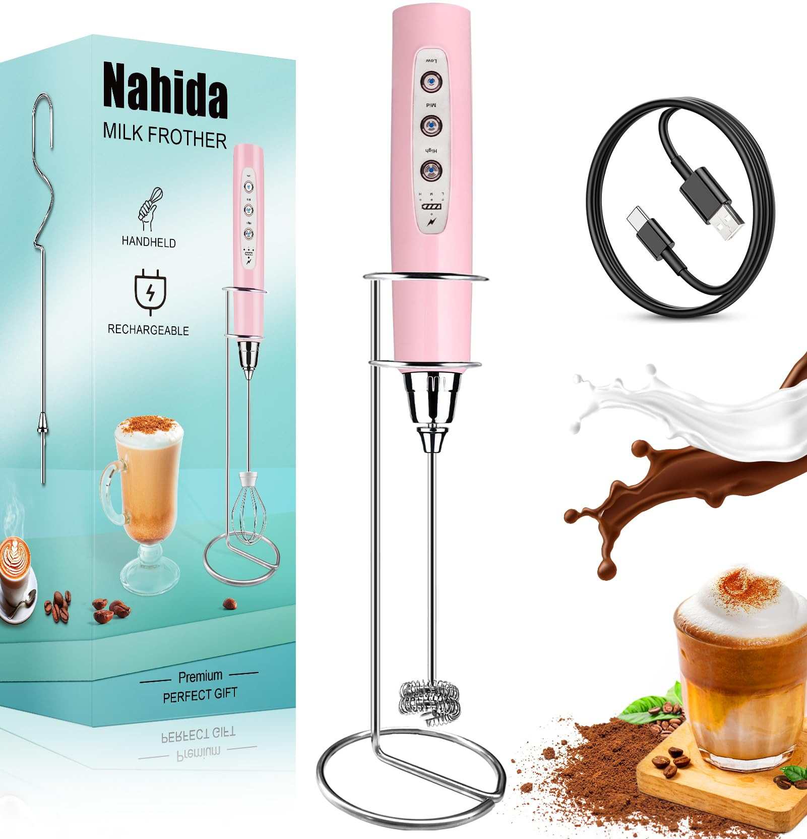 Nahida Rechargeable Milk Frother Wand for Coffee Include Stand - Pink | Amazon (US)
