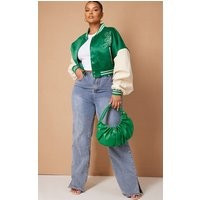 Plus Green Stripe Trim Contrast Sleeve Satin Cropped Varsity Bomber | PrettyLittleThing CAN