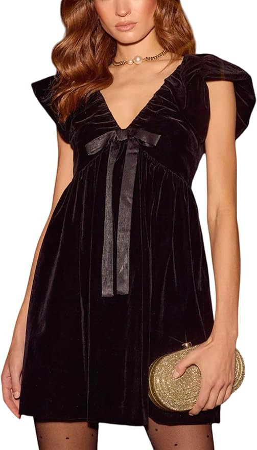 Majdan Womens Deep V Neck Velvet Mini Dress Bow Dress with Pockets Cocktail Party Winter Club Dre... | Amazon (US)