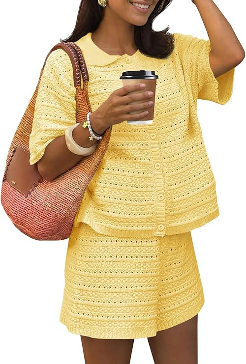 Fisoew Womens Summer 2 Piece Crochet Beach Outfit Cover Ups Button Cardigan Loose Knit Shorts Set... | Amazon (US)