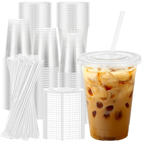 Lamosi 100 Pack 16 oz Clear Plastic Cups with Lids and Straws, Disposable Plastic Coffee Cups with Lids for Iced Coffee, Cold Beverages, Smoothies and To-Go Drinks | Amazon (US)