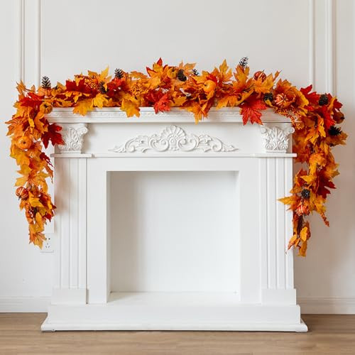 MISSPIN Fall Decor - Fall Garland - 6FT Autumn Maples Leaf Garland for Autumn Decor Hanging Vine for Halloween Thanksgiving Decor Home Wedding Fireplace Party Christmas(Orange) | Amazon (US)
